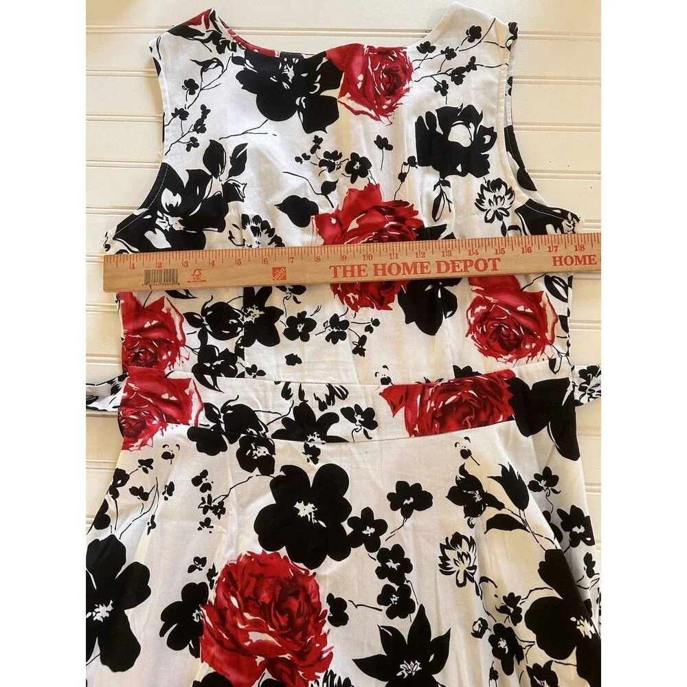 New Light Retro Floral A-Line Midi Dress White Red Black Rose Print Fit Flare XL